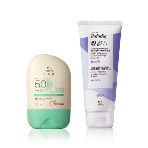 Kit Creme Nutritivo Tododia Algodão e Protetor Solar Facial Pele Mista a Oleosa FPS 50 Natura Solar